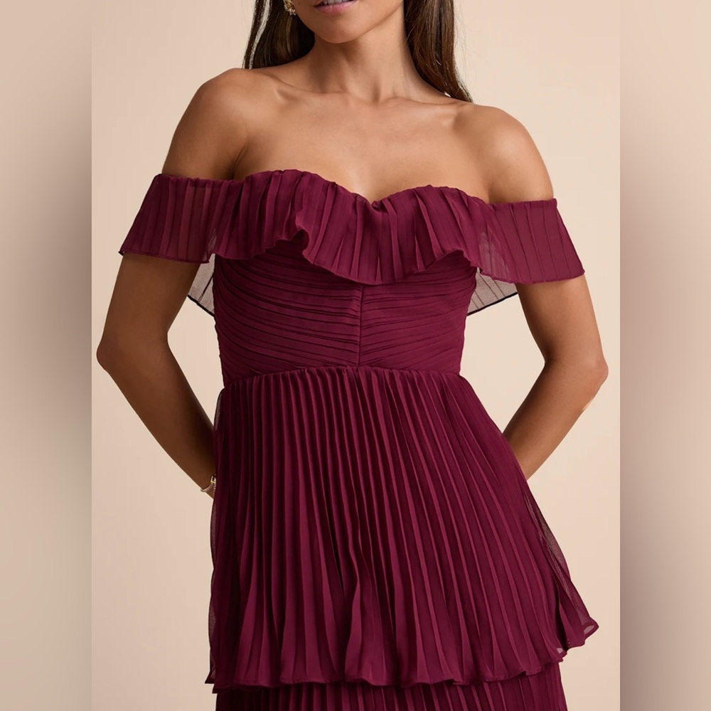 Lulus Tiered Ruffle Midi Dress Burgundy XL Wedding Guest Bridesmaid Formal Party - Picture 2 of 9